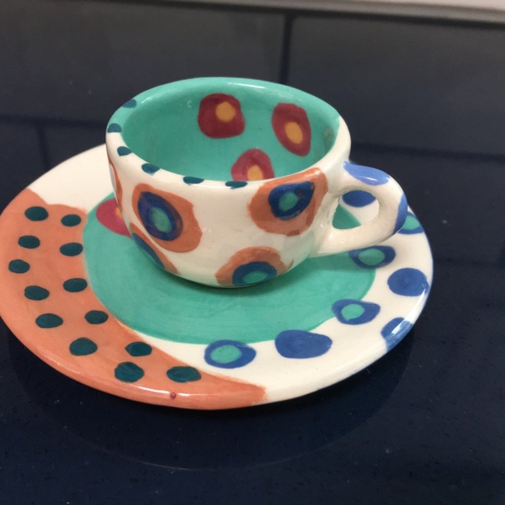 PRICE IS FIRM!  WHIMSICAL Mini Cup & Saucer signed by Corlett